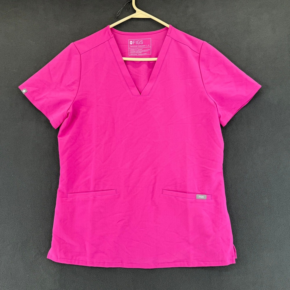 Figs Technical Collection V-Neck Scrub Top Magenta Pink Womens Small 3 Pocket
